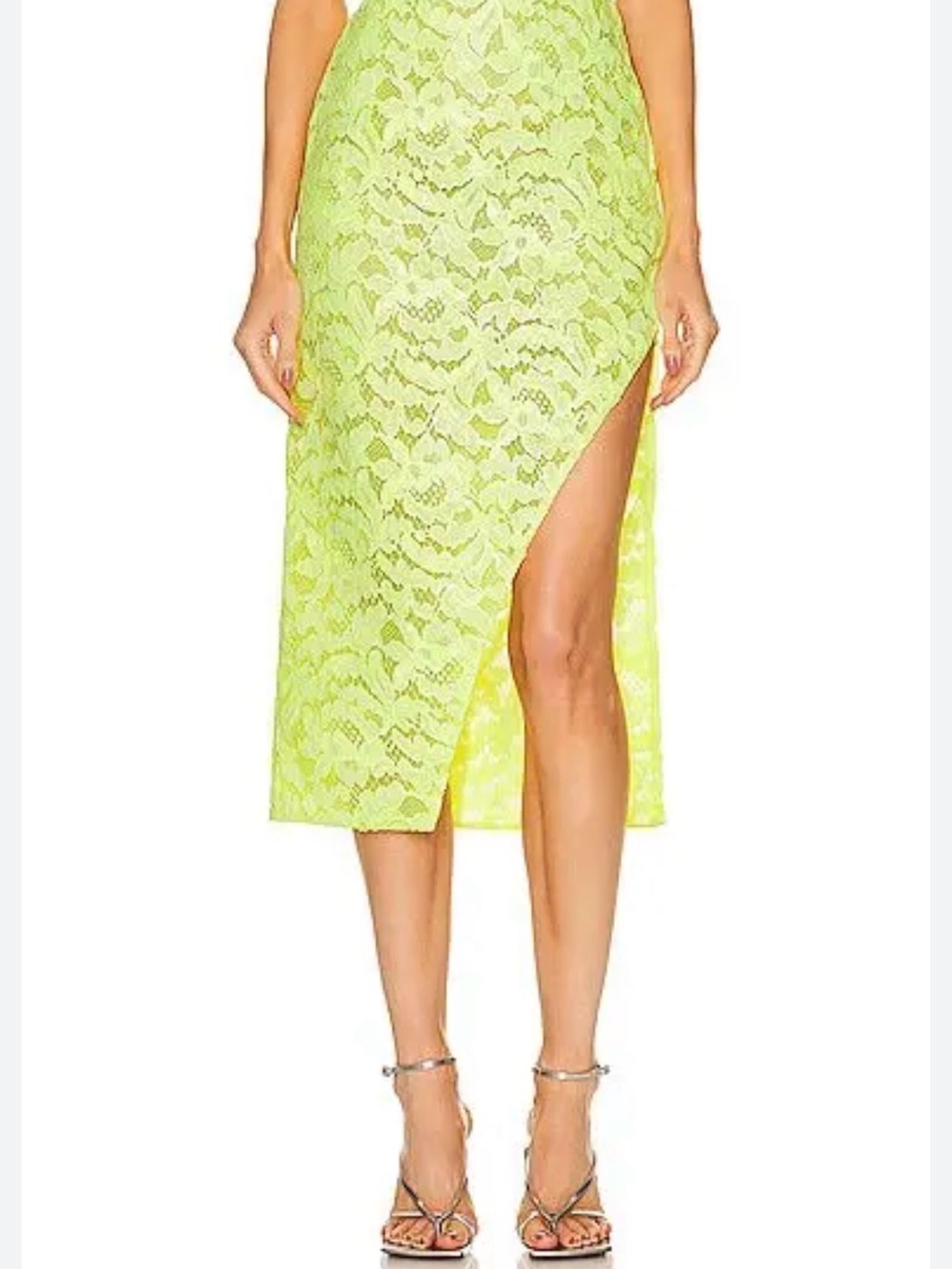 Alexander McQueen Neon Lime Lace Asymmetric Midi Skirt with High Slit